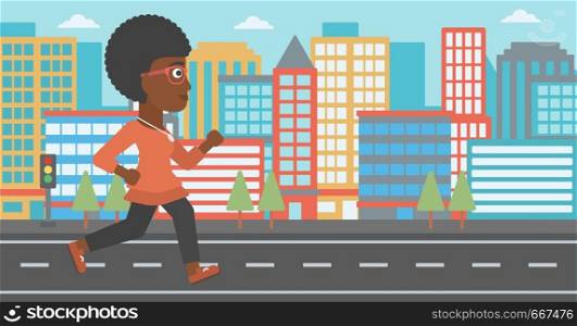 An african-american woman jogging on a city background vector flat design illustration. Horizontal layout.. Sportive woman jogging.