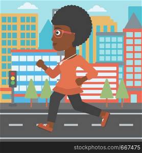 An african-american woman jogging on a city background vector flat design illustration. Square layout.. Sportive woman jogging.