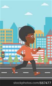 An african-american woman jogging on a city background vector flat design illustration. Vertical layout.. Sportive woman jogging.