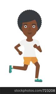 An african-american woman jogging vector flat design illustration isolated on white background.. Sportive woman jogging.