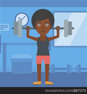 An african-american woman lifting a barbell in the gym vector flat design illustration. Square layout.. Woman lifting barbell.