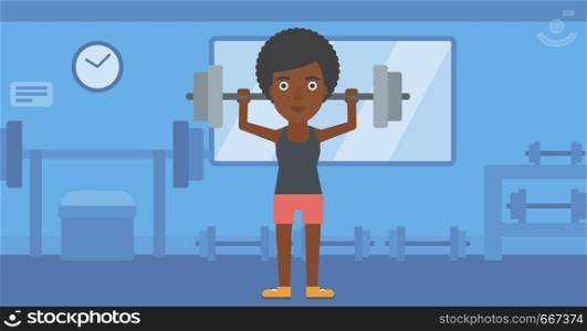 An african-american woman lifting a barbell in the gym vector flat design illustration. Horizontal layout.. Woman lifting barbell.