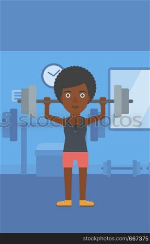 An african-american woman lifting a barbell in the gym vector flat design illustration. Vertical layout.. Woman lifting barbell.