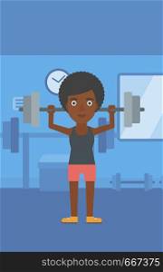 An african-american woman lifting a barbell in the gym vector flat design illustration. Vertical layout.. Woman lifting barbell.
