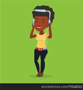 An african-american woman listening to music on her smartphone. Woman in headphones listening to music. Relaxed woman with eyes closed enjoying music. Vector flat design illustration. Square layout.. Young woman in headphones listening to music.