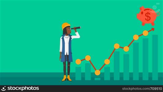 An african-american woman looking through spyglass at piggy bank standing at the top of growth graph on a green background vector flat design illustration. Horizontal layout.. Woman looking through spyglass at piggy bank.