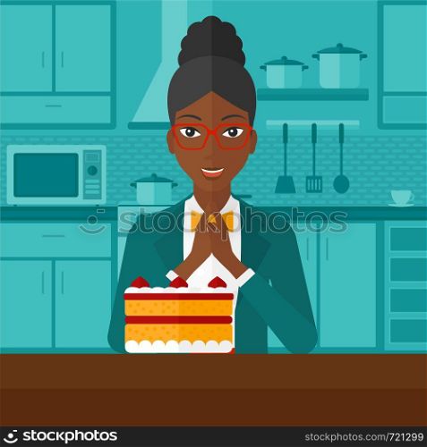An african-american woman looking with passion at a big cake on a kitchen background vector flat design illustration. Square layout.. Woman looking at cake.