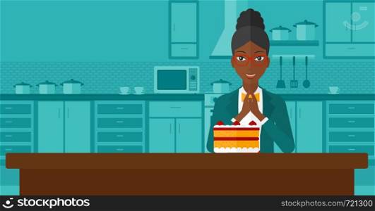 An african-american woman looking with passion at a big cake on a kitchen background vector flat design illustration. Horizontal layout.. Woman looking at cake.