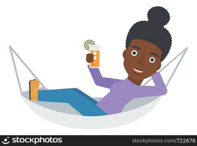 An african-american woman lying in a hammock and holding a cocktail vector flat design illustration isolated on white background. . Woman lying in a hammock.