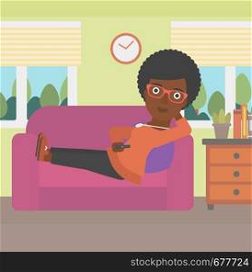 An african-american woman lying on a sofa and watching tv with a remote control in her hand vector flat design illustration. Square layout.. Woman lying on sofa.