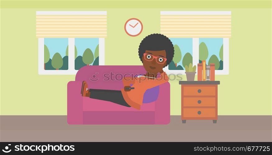 An african-american woman lying on a sofa and watching tv with a remote control in her hand vector flat design illustration. Horizontal layout.. Woman lying on sofa.