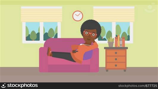 An african-american woman lying on a sofa and watching tv with a remote control in her hand vector flat design illustration. Horizontal layout.. Woman lying on sofa.