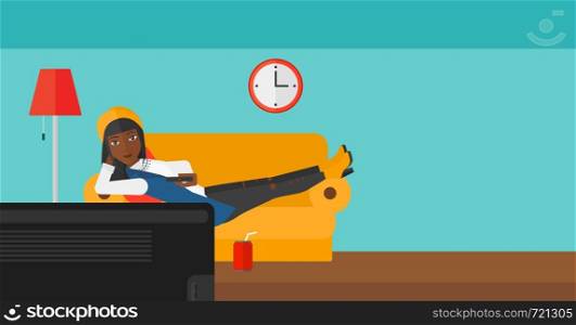 An african-american woman lying on a sofa and watching tv with a remote control in her hand and soda on the floor vector flat design illustration. Horizontal layout.. Woman lying on sofa.
