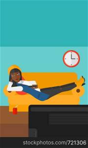 An african-american woman lying on a sofa and watching tv with a remote control in her hand and soda on the floor vector flat design illustration. Vertical layout.. Woman lying on sofa.