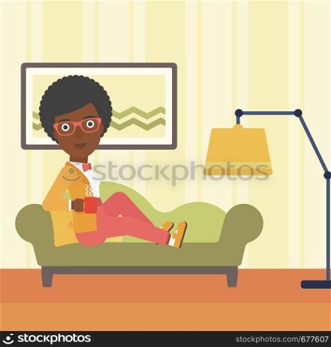 An african-american woman lying on sofa in living room and holding a cup of hot flavored tea vector flat design illustration. Square layout.. Woman lying with cup of tea.