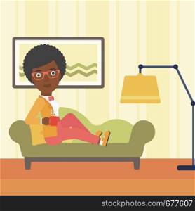 An african-american woman lying on sofa in living room and holding a cup of hot flavored tea vector flat design illustration. Square layout.. Woman lying with cup of tea.