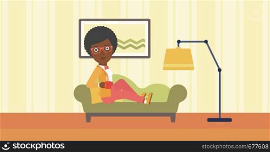 An african-american woman lying on sofa in living room and holding a cup of hot flavored tea vector flat design illustration. Horizontal layout.. Woman lying with cup of tea.