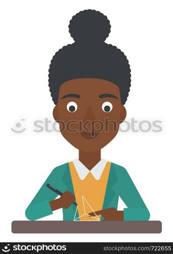 An african-american woman making a model with a 3D pen vector flat design illustration isolated on white background. . Woman using three D pen.
