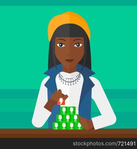 An african-american woman making pyramid of avatars on a light green background vector flat design illustration. Square layout.. Social network connection.