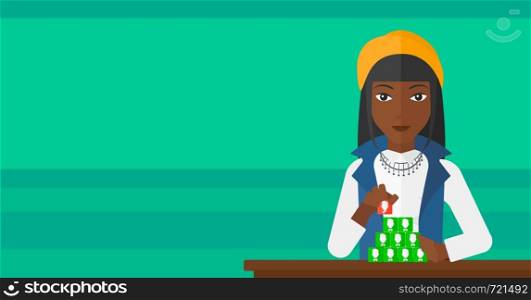 An african-american woman making pyramid of avatars on a light green background vector flat design illustration. Horizontal layout.. Social network connection.