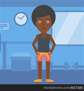 An african-american woman measuring her waistline with a tape in the gym vector flat design illustration. Square layout.. Woman measuring waist.