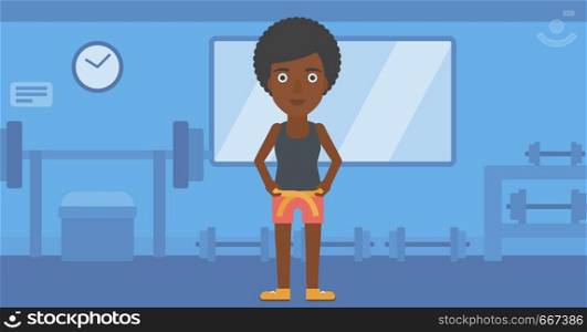 An african-american woman measuring her waistline with a tape in the gym vector flat design illustration. Horizontal layout.. Woman measuring waist.
