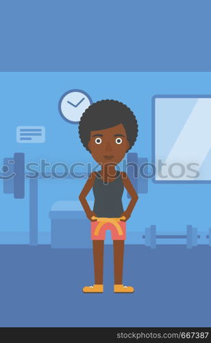 An african-american woman measuring her waistline with a tape in the gym vector flat design illustration. Vertical layout.. Woman measuring waist.