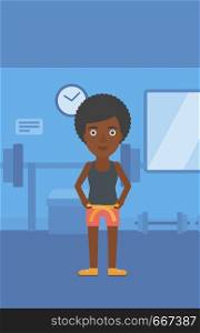 An african-american woman measuring her waistline with a tape in the gym vector flat design illustration. Vertical layout.. Woman measuring waist.