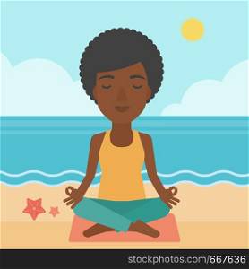 An african-american woman meditating in lotus pose on the beach vector flat design illustration. Square layout.. Woman meditating in lotus pose.