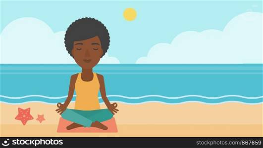 An african-american woman meditating in lotus pose on the beach vector flat design illustration. Horizontal layout.. Woman meditating in lotus pose.