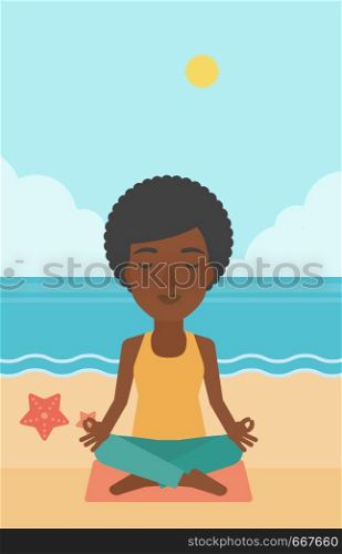 An african-american woman meditating in lotus pose on the beach vector flat design illustration. Vertical layout.. Woman meditating in lotus pose.