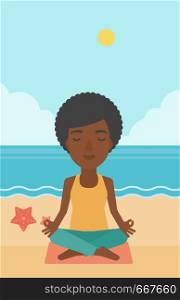 An african-american woman meditating in lotus pose on the beach vector flat design illustration. Vertical layout.. Woman meditating in lotus pose.