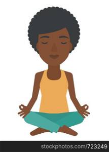 An african-american woman meditating in lotus pose vector flat design illustration isolated on white background.. Woman meditating in lotus pose.