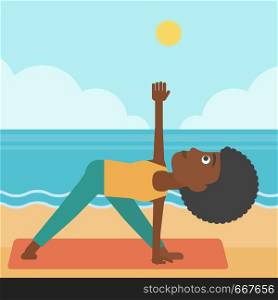 An african-american woman meditating in yoga triangle pose on the beach vector flat design illustration. Square layout.. Woman practicing yoga.