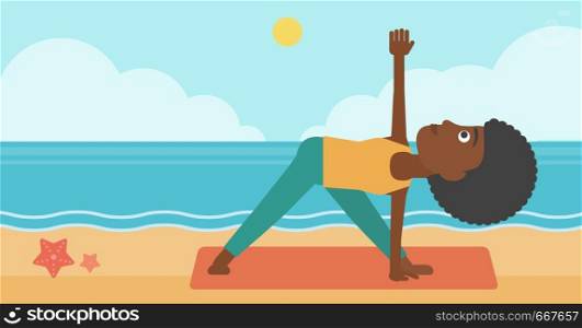 An african-american woman meditating in yoga triangle pose on the beach vector flat design illustration. Horizontal layout.. Woman practicing yoga.