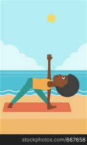 An african-american woman meditating in yoga triangle pose on the beach vector flat design illustration. Vertical layout.. Woman practicing yoga.