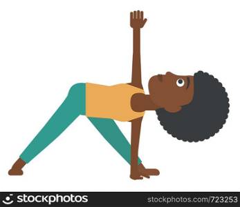 An african-american woman meditating in yoga triangle pose vector flat design illustration isolated on white background.. Woman practicing yoga.