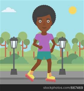An african-american woman on the roller-skates in the park vector flat design illustration. Square layout.. Sporty woman on roller-skates.