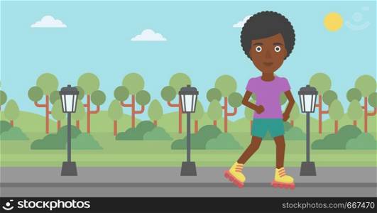An african-american woman on the roller-skates in the park vector flat design illustration. Horizontal layout.. Sporty woman on roller-skates.