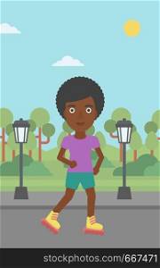 An african-american woman on the roller-skates in the park vector flat design illustration. Vertical layout.. Sporty woman on roller-skates.