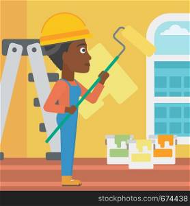 An african-american woman painting walls with a paint roller vector flat design illustration. Square layout.. Painter with paint roller.
