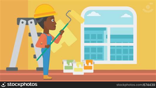 An african-american woman painting walls with a paint roller vector flat design illustration. Horizontal layout.. Painter with paint roller.