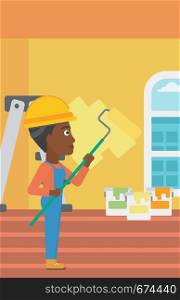 An african-american woman painting walls with a paint roller vector flat design illustration. Vertical layout.. Painter with paint roller.