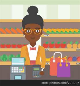 An african-american woman paying wireless with her smart watch at the supermarket. Female customer making payment for purchase with smart watch. Vector flat design illustration. Square layout.. Woman paying wireless with smart watch.