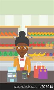 An african-american woman paying wireless with her smart watch at the supermarket. Female customer making payment for purchase with smart watch. Vector flat design illustration. Vertical layout.. Woman paying wireless with smart watch.