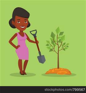 An african-american woman plants a tree. Woman standing with shovel near newly planted tree. Young woman gardening. Environmental protection concept. Vector flat design illustration. Square layout.. Woman plants tree vector illustration.