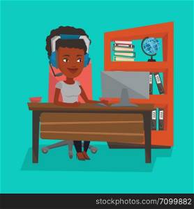 An african-american woman playing computer games. Young happy woman using computer for playing games. Cheerful woman in headphones playing online games. Vector flat design illustration. Square layout.. Business woman with headset working at office.