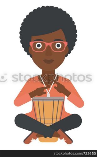 An african-american woman playing tomtom vector flat design illustration isolated on white background.. Woman playing tomtom.