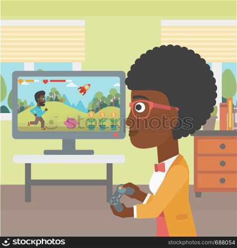An african-american woman playing video game with gamepad in hands in living room vector flat design illustration. Square layout.. Woman playing video game.