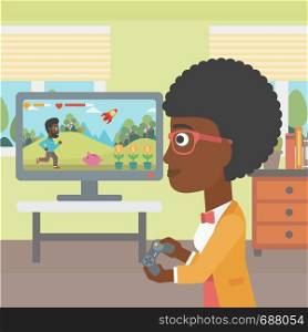 An african-american woman playing video game with gamepad in hands in living room vector flat design illustration. Square layout.. Woman playing video game.